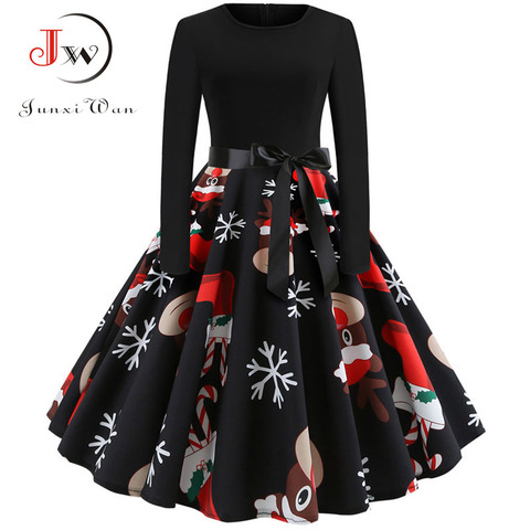 Winter Christmas Dresses Women 50S 60S Vintage Robe Swing Pinup Elegant Party Dress Long Sleeve Casual Plus Size Print Black ► Photo 1/6