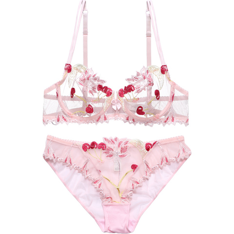 Women's underwear Pink Bra and Panties Set Transparent Bra Set  Lingerie Kawaii Cherry Embroidery Underwear Women Bra Unlined ► Photo 1/6