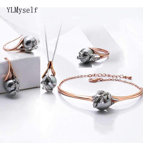 Christmas Gift For Mom Big Sale Fashion Necklace Bangle Earrings Ring Rose Gold Grey Pearl Trendy Leaf 4pcs Jewelry Set ► Photo 1/6