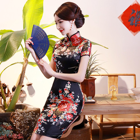 BLACK Print Flower Women Short Slim Cheongsam Sexy High Split Chinese Traditional Dress Plus Size Rayon Qipao Vestidos S-6XL ► Photo 1/6