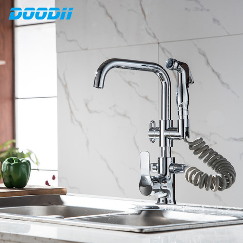 Kitchen Faucet Pull out Side Spray Dual Spout Single Handle Mixer Tap Sink Faucet 360 Rotation Kitchen Faucets Torneira DOODII ► Photo 1/6