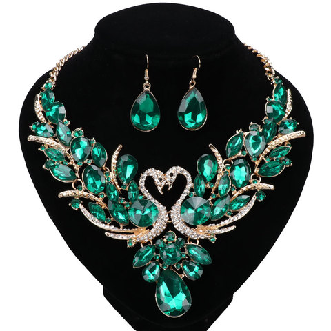 Luxury Gold Color Green Crystal New Collier Femme Double Swan Statement Necklace Earring For Women Party Wedding Jewelry Sets ► Photo 1/5
