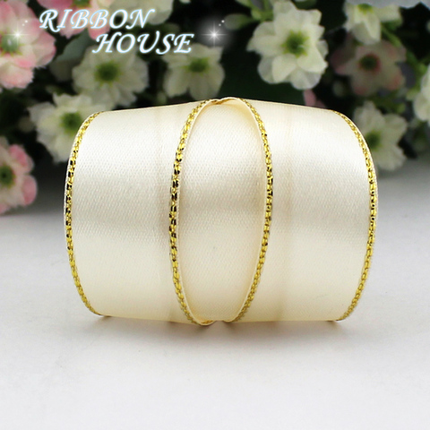 (25 yards/lot) 20/25/40mm satin ribbons cream white gold edge wholesale high quality gift packaging ribbons ► Photo 1/5