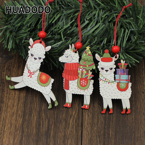 HUADODO 3Pcs Wooden Alpaca Christmas Pendants Ornaments Xmas Tree Hanging Decoration for home New year Decor kids toys ► Photo 1/6