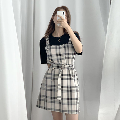 Summer Office Beach Shirt Stitched Plaid Lace Dress Women's Lovely Dresses Ins Chic Kawaii Girl Sweet Harajuku Clothes For Women ► Photo 1/5