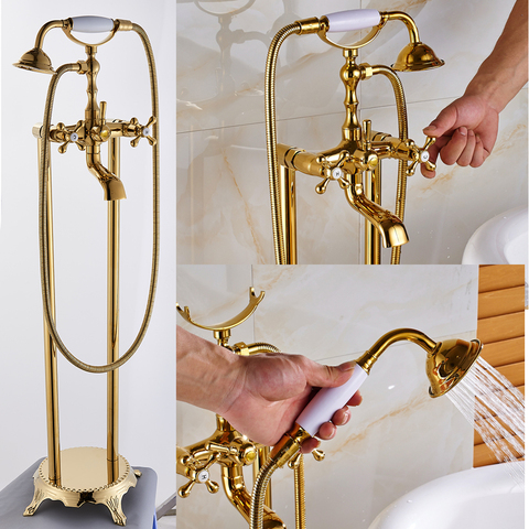 Uythner Gold Floor Mounted Tub Sink Faucet Dual Handle Bathroom Bath Shower Set Freestanding Bathtub Mixer Tap with Handshower ► Photo 1/6