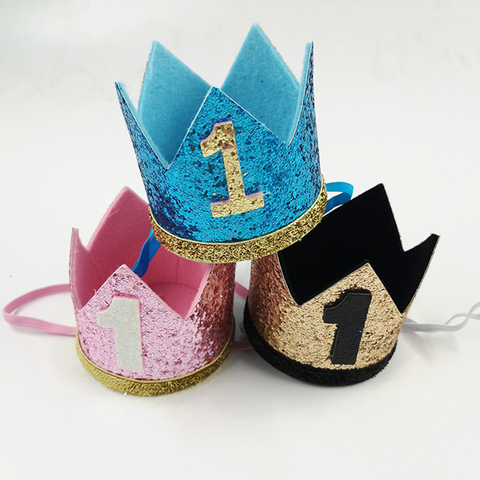 Boy Blue Silver First Birthday Hat Girl Gold Pink Priness Crown Number 1st 2 3 Year Old Party Hat Glitter Birthday DIY decor ► Photo 1/6