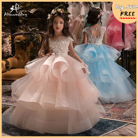 New Arrival Little Girls Luxury Lace Applique Holy First Communion Dresses for Girls Floor Length Open Back Girls Princess Dress ► Photo 1/6