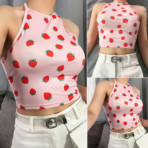 Fashion Women Summer Casual Tank Tops Vest Sleeveless Crop Sexy Cute Sweet Strawberry Print Sleeveless Pink Girls Ladies Camis ► Photo 1/6