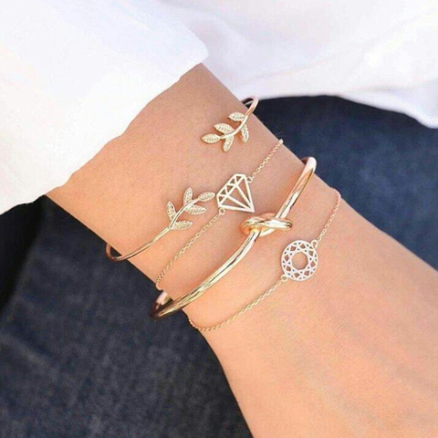 Tocona 4pcs/Set Fashion Bohemia Leaf Knot Hand Cuff Link Chain Charm Bracelet Bangle for Women Gold Bracelets Femme Jewelry 6115 ► Photo 1/6