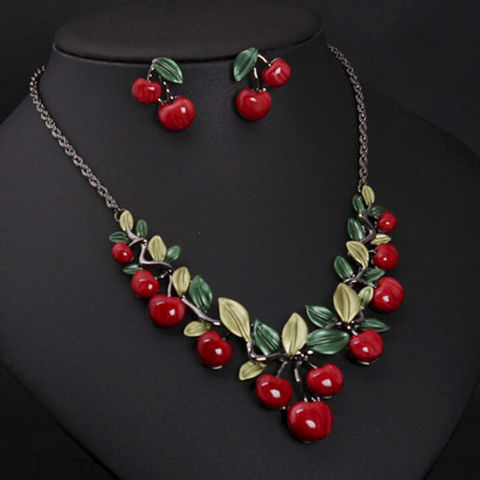 Trendy Women Party Jewelry Set Cherry Leaf Shape Sweet Female Stud Earring Choker Statement Necklace Collar (Color: Red ► Photo 1/5