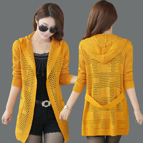 #1204 Spring Summer Thin Women Sweater Cardigan Loose Long Kimono Knitted Sweater Coat Hollow Out Hooded Female Plus Size 3XL ► Photo 1/6