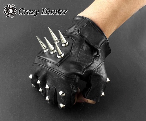 Mens Leather Spike stud Punk Rocker Driving Motorcycle Biker Fingerless Gloves ► Photo 1/4