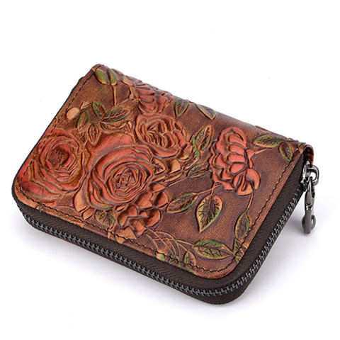 Women Zipper Short Wallet Credit/ID Card Holder Flower Pattern Genuine Leather Female Coin Pocket Clutch Money Bag Bifold Purse ► Photo 1/6