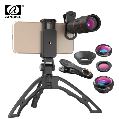 APEXEL 18X Telescope Mobile Phone Lens Monocular lens with 3 in 1 fisheye wide macro lens+mini tripod for iPhone other cellphone ► Photo 1/6