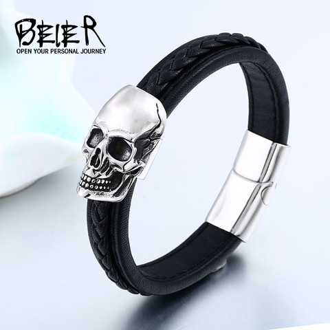 BEIER Punk style Wholesale Drop Ship Man's High Quality Genes Skull Leather Bracelet  Bangle For Man BC-L023 ► Photo 1/6