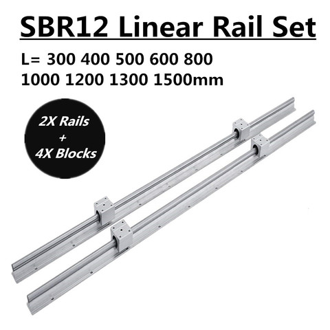 2Set SBR12 300 400 500 600 800 1000 1200 1300 1500mm Fully Supported Linear Rail Slide Shaft Rod With 4Pcs SBR12UU Bearing Block ► Photo 1/6