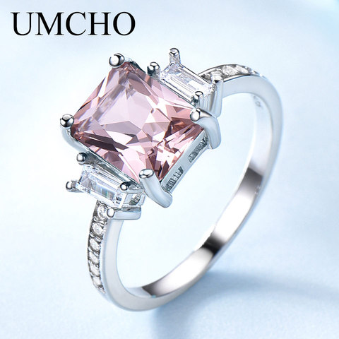 UMCHO Solid Sterling Silver Cushion Morganite Gemstone Rings For Women Engagement Anniversary Band Valentine's Gift Ring Set ► Photo 1/6