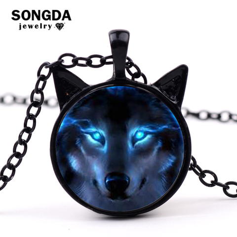 SONGDA Black Nordic Wiccan Wolf Necklace Wiccan Wolf Pendant Choker Chain Collar Glass Photo Cabochon Chain Statement Necklace ► Photo 1/4