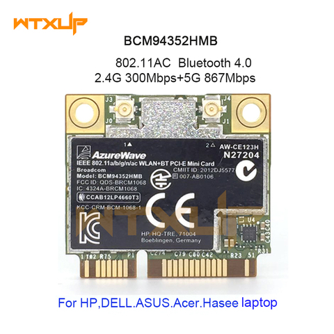 AzureWave Broadcom BCM4352 BCM94352HMB Mini PCI-E Wireless-AC wifi WLAN BT Bluetooth 4.0 Network Card 867Mbps SPS 724935-001 ► Photo 1/1