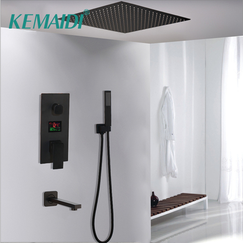 KEMAIDI Thermostatic Temperature Display Black 8 10 12 inch Wall Mount Bathroom Rainfall Faucet Sets ORB Shower Head Hand Set ► Photo 1/6