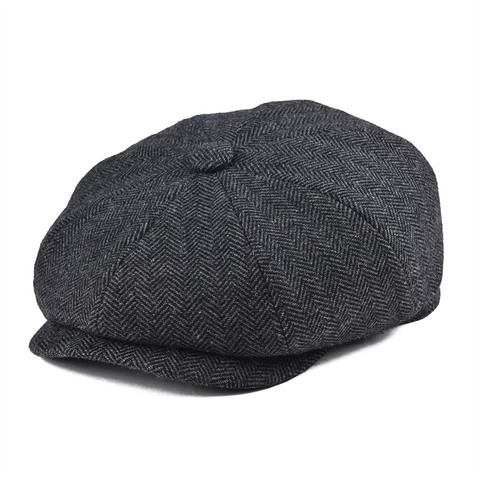 BOTVELA Tweed Wool 8 piece Black Herringbone Newsboy Cap Men Classic 8-Quarter Panel Style Flat Caps Women Beret Hat 005 ► Photo 1/6