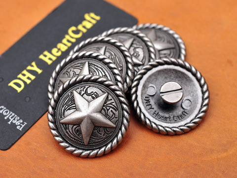10pcs VINTAGE Silver ROUND ROPE SIDE TEXAS RANGER STAR WESTERN SADDLE LEATHERCRAFT METAL LEATHER CONCHOS 1-1/4