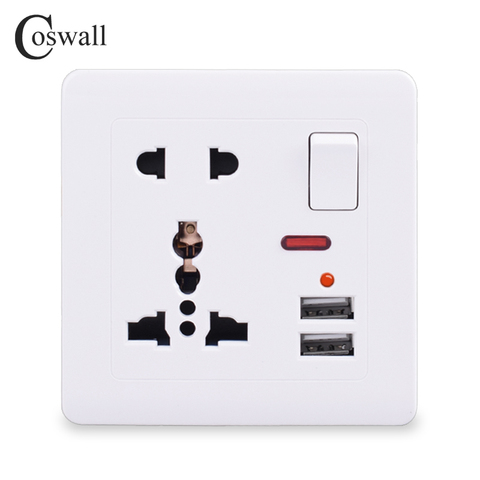Coswall Wall Power Socket 13A Universal 5 Hole Switched Outlet 2.1A Dual USB Charger Port LED indicator ► Photo 1/5