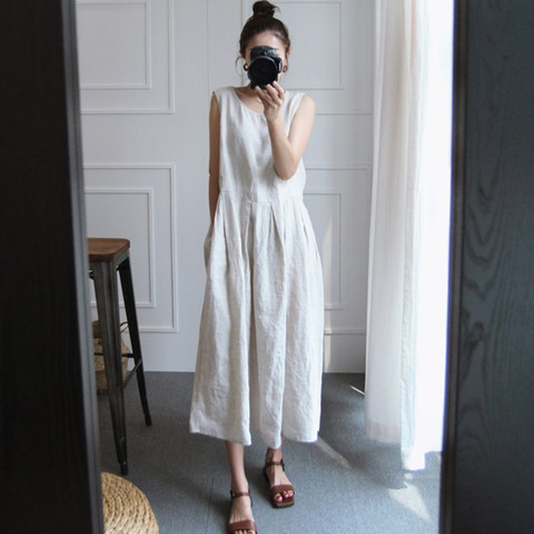 Johnature Summer New Sleeveless Large Size Cotton Linen Vintage Women Dresses 2022 Loose Casual Korean Solid Color Female Dress ► Photo 1/5