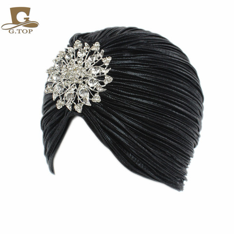 New Fashion Ladies Gold Silver Diamond Jewel Turban Hats For Women Chemo Bandana Hijab Pleated Indian Cap Turbante Hat ► Photo 1/6