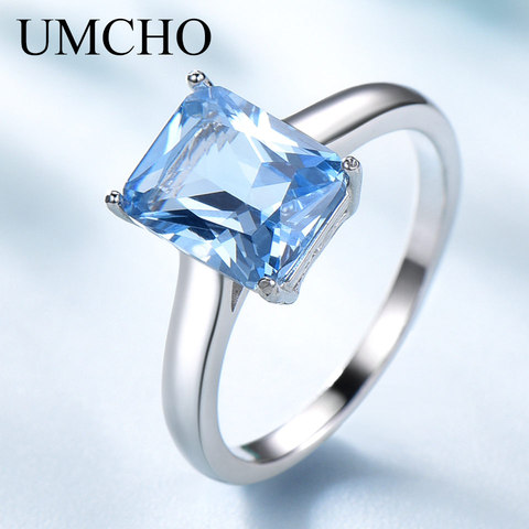UMCHO Luxury Created Aquamarine Gemstone Rings for Women Solid 925 Sterling Silver Wedding Engagement Fine Jewelry Part Gift New ► Photo 1/6