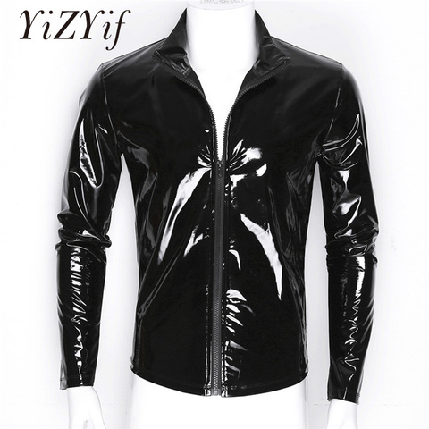 YiZYiF Men Shiny Metallic Front-Zip Stand Collar Tops Wet Look Sexy Patent Leather Nightclub Style Long Sleeve Tops For Men ► Photo 1/6