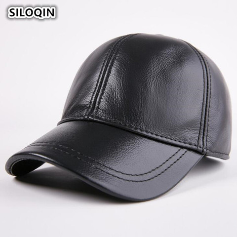 SILOQIN Adjustable Size Men's Winter Warm Genuine Leather Baseball Caps With Earmuffs Youth Cowhide Leather Brand Dad Visor Cap ► Photo 1/1