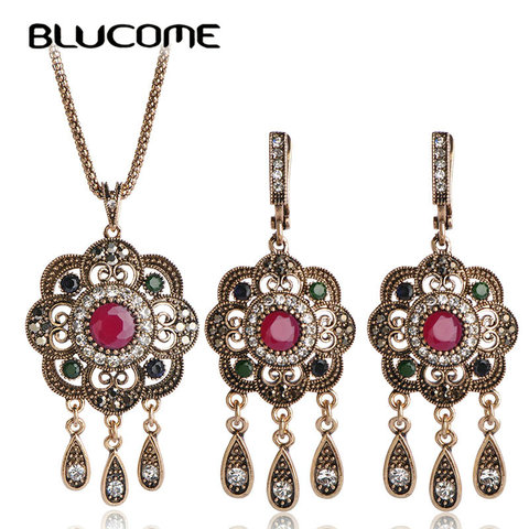 Blucome Vintage Turkish Jewelry Sets Green Flower Pendant Colar Gold-color Princess Hooks Long Pendientes Necklace Earrings Set ► Photo 1/6