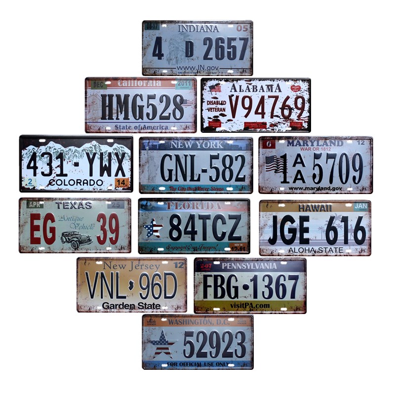 USA 25 Vintage Plaques Novelty License Plate Retro Tin Sign Garage Decoration 