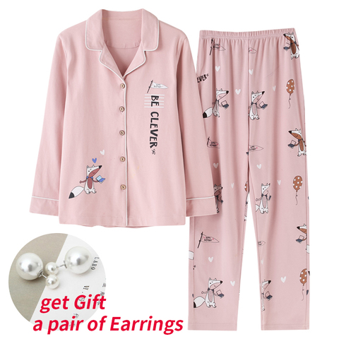 Pajamas Sets Spring Autumn Pink Cartoon Fox Women Long Sleeve Sleepwear Suit Home Women Gift Female Sleepwear Pijama Mujer Femme ► Photo 1/6