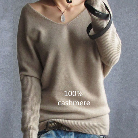 Spring autumn cashmere sweaters women fashion sexy v-neck pullover loose 100% wool batwing sleeve plus size knitted tops ► Photo 1/4