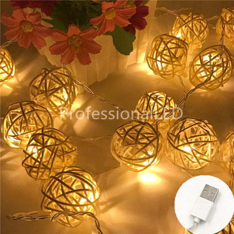 2M Rattan Ball USB 5V 20LED String Light Warm White Fairy Light Holiday Light For Party Christmas Wedding Home Decoration ► Photo 1/6