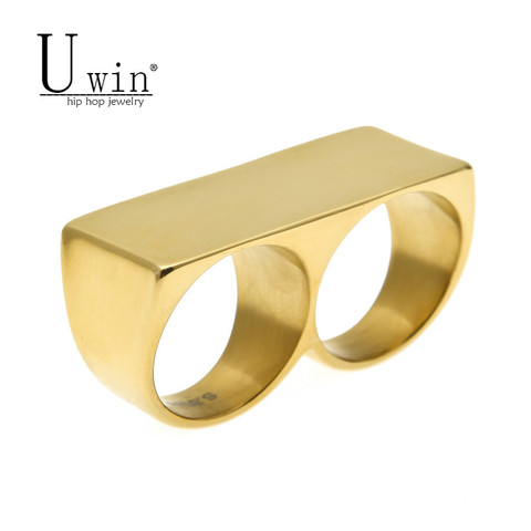UWIN Personality Men Punk Biker Rings Hip Hop Cool Two Finger Stainless Steel Gold Ring Fashion Party Jewelry Size 9 Available ► Photo 1/6