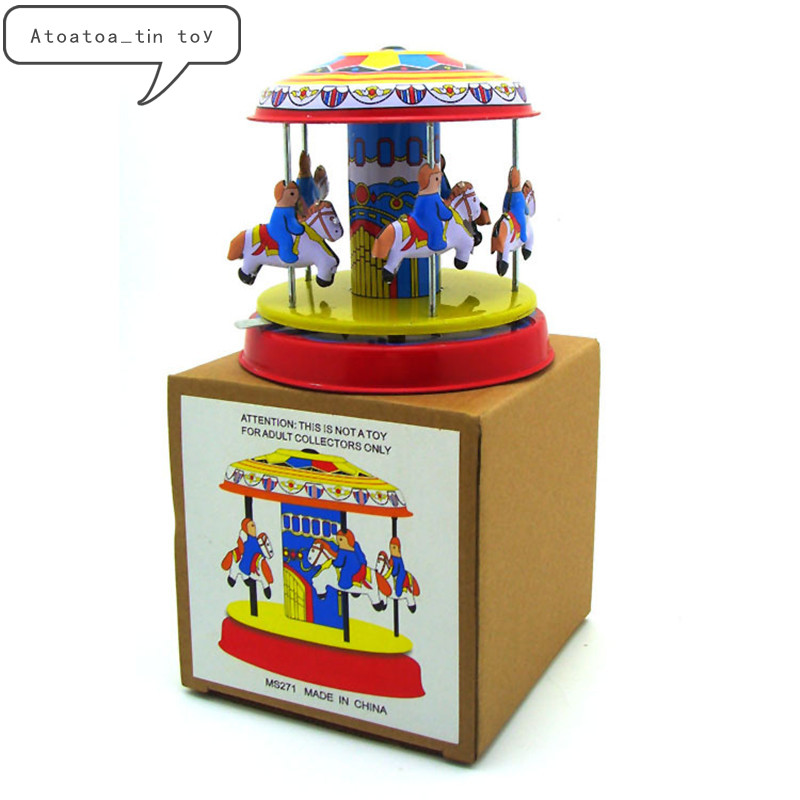 Retro Clockwork Wind Up Toys 4 Man in Carousel Tin Toy Collectible Xmas Gift 