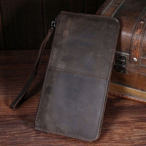 High Quality Crazy Horse Cowhide Wrist Purse Handy Pocket Male Cell Phone Case Coin Retro Genuine Leather Men Clutch Bag Wallet ► Photo 1/6