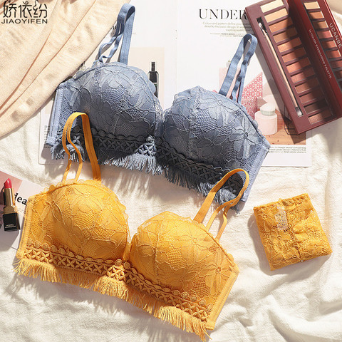 Hot Sale Lingerie Sexy Women Seamless Palm Cup Push Up Underwear Tassel Embroidery Lace Bra Set Yellow Lucky Girl Gift Intimates ► Photo 1/6