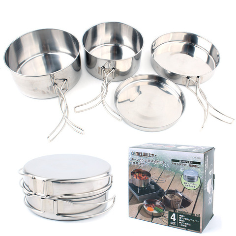 Outdoor 4pcs stainless steel pot utensils camping kitchen  mountaineering picnic portable cooking set bowls cauldron ► Photo 1/5