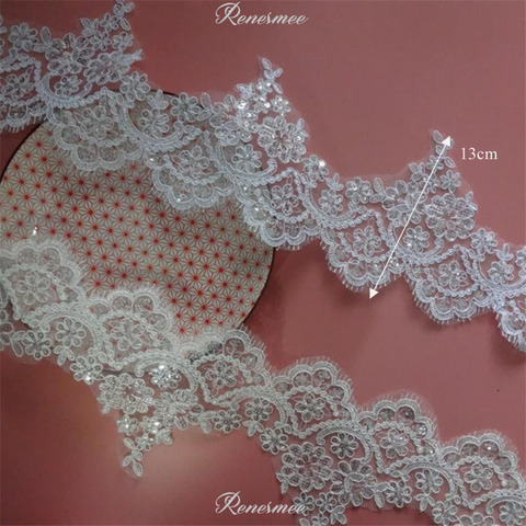 Delicate 1Y White/Ivory Cording Fabric Sequins Flower Venise Venice Mesh Lace Trim Applique Sewing Craft for Wedding Dec. 13cm ► Photo 1/5