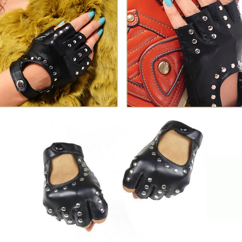 Long Keeper Women Rivets PU Leather Gloves Semi-Finger Mens Rivet Belt PU Gloves Sexy Cutout Fingerless Gloves Female Luva G221 ► Photo 1/6