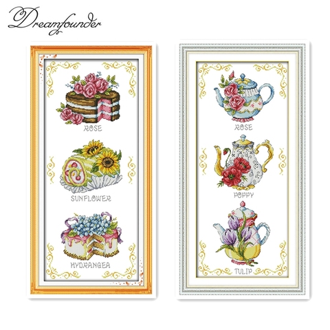 Flower cake teapot cross stitch kit counted white canvas fabric 18ct pre printed 14ct 11ct embroidery DIY handmade needlework ► Photo 1/5