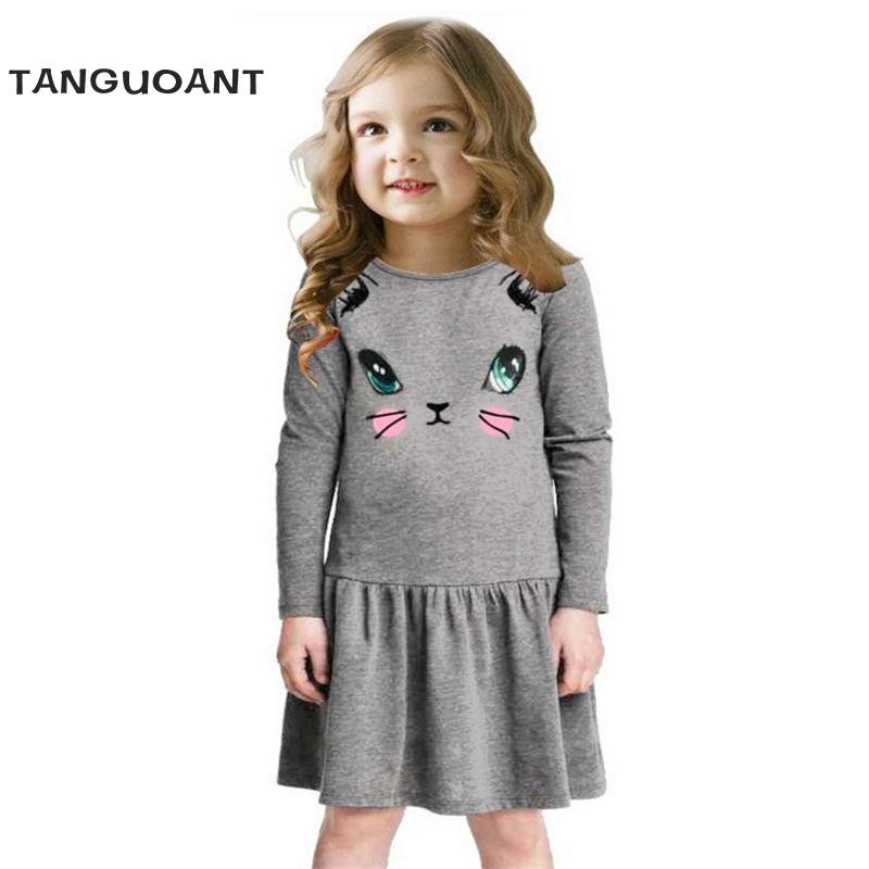 Toddler Girls Dress Casual Cute Cat Print Long Sleeve Cotton Mini Princess Dresses Houystory Baby Girls Dress for 0-2 Years