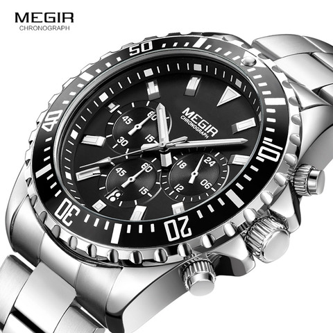 Megir Man's Analogue Chronograph Quartz Watch with Stainless Steel Bracelete Luminous Wristwatch for Boys Calendar 24-Hour 2064G ► Photo 1/6