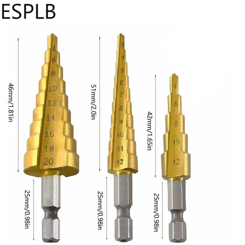 3pcs Step Drill Bits High Speed Steel Cone Titanium Coated 3-12mm/4-12mm/ 4-20mm with Hexagon Shank Multi-Functional Drill Bit ► Photo 1/1