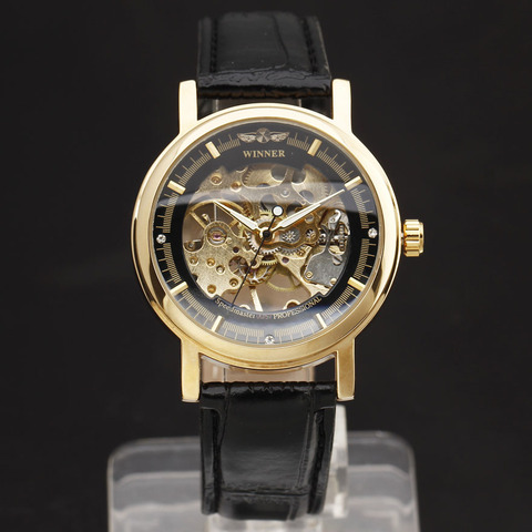 Hot WINNER Brand Fashion Men Mechanical Hand-Wind Skeleton Dial Genuine Leather Strap Wrist Watch Classic Style Male Gift Clock ► Photo 1/6